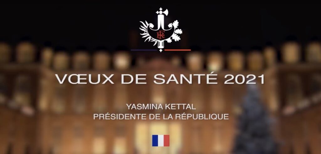 Capture d'écran de la vidéo Youtube : "Voeux de santé 2021 Yasmina Kettal Présidente de la République" logo RF