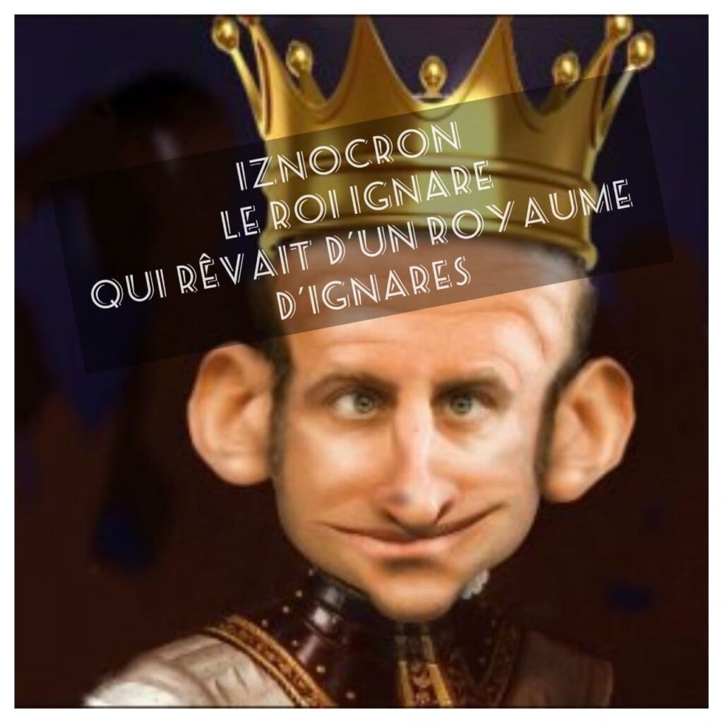 Tête de Macron déformée, avec couronne et vêtements royaux. "Iznocron, le roi ignare qui rêvait d'un royaume d'ignares."