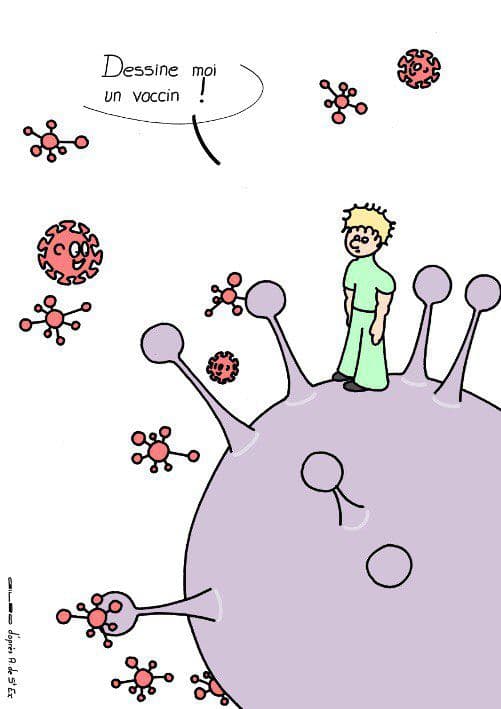 Dessin : Petit Prince debout sur un virus "Dessine-moi un vaccin". 