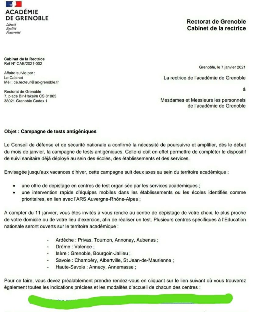 Lettre de l'Académie de Grenoble adressée Rectorat de Grenoble concernant la campagne de tests antagoniques (7 janvier 2021). 