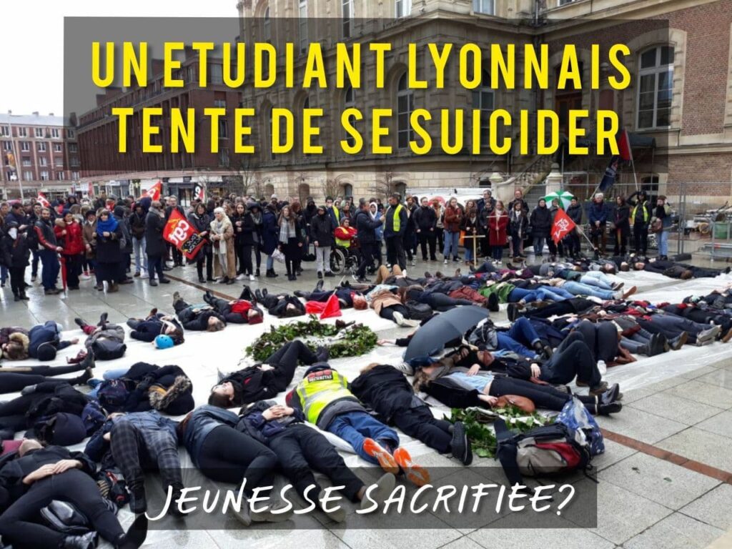 Photo de die-in. Légende : "Un étudiant lyonnais tente de se suicider. Jeunesse sacrifiée ?".