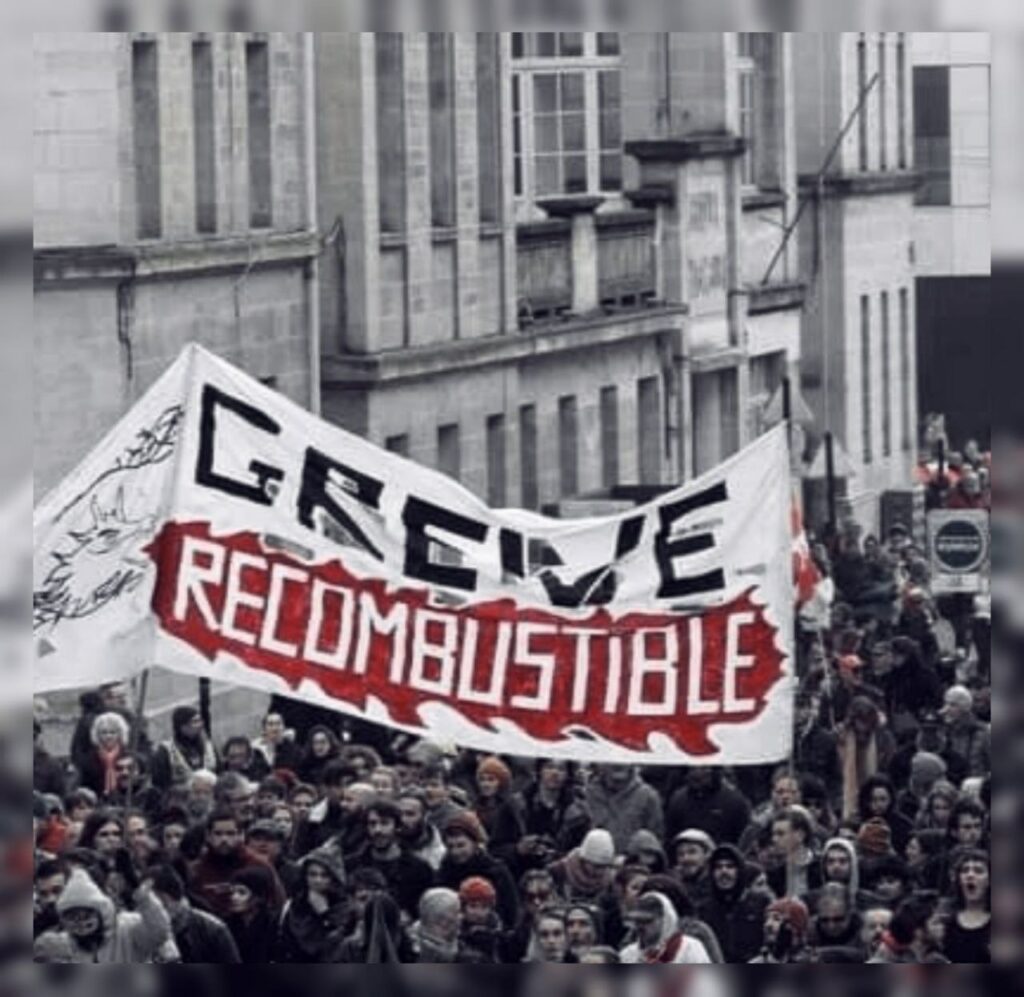 Photo de manif. Grande banderole "Grève recombustible". 