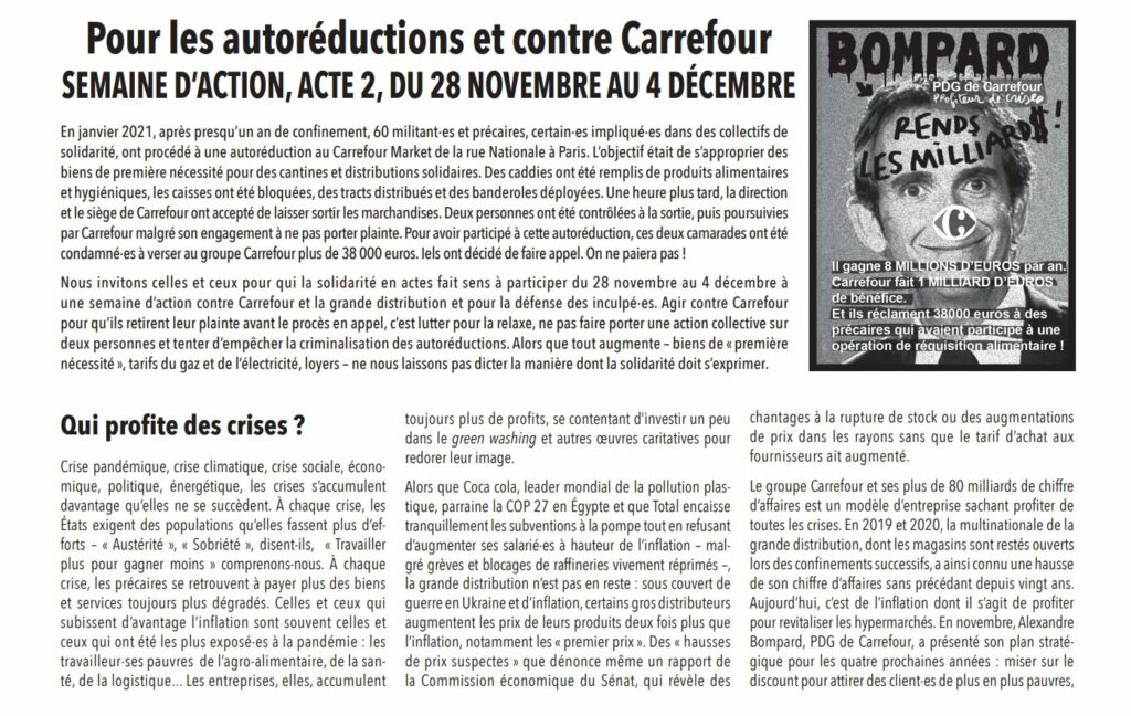 Texte de Carrefour retire ta plainte : "Pour les autoréductions et contre Carrefour : semaine d'action, acte 2, du 28 novembre au 4 décembre.
