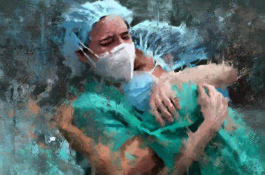 Peinteure du Dr Alexis Leborgne. 2 soignants tout équipés qui pleurent dans les bras de l'autre 