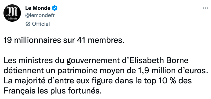 Capture d'écran tweet du Monde du 02/12/022 : 
"19 millionnaires sur 41 membres. 
Les ministres du gouvernement d'Elisabeth Borne détiennent un patrimoine moyen de 1,9 million d'euros.La majorité d'entre eux figure parmi les 10% des Français les plus riches."