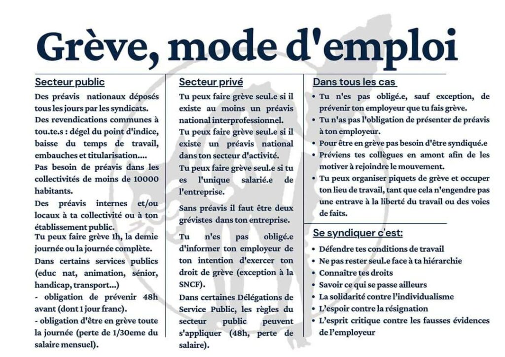 Visuel "Grève mode d'emploi" de la CGT. 
Infos complémentaires sur le site de la CNT : 
https://www.cnt-f.org/-greve-manifestations-.html