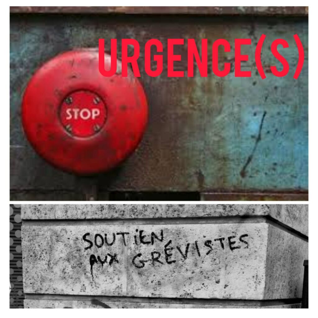 Visuel Printemps du Care : en haut bouton d'arrêt d'urgence avec inscription "Urgence(s)" et en bas un tag "Soutien aux grévistes"