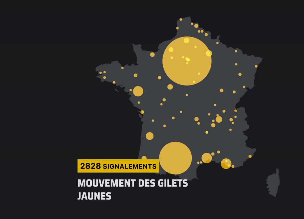 Capture d'écran issue du site http://violencespolicieres.fr
Carte de France des violences policières pendant le mouvement des Gilets Jaunes. 2828 signalements 