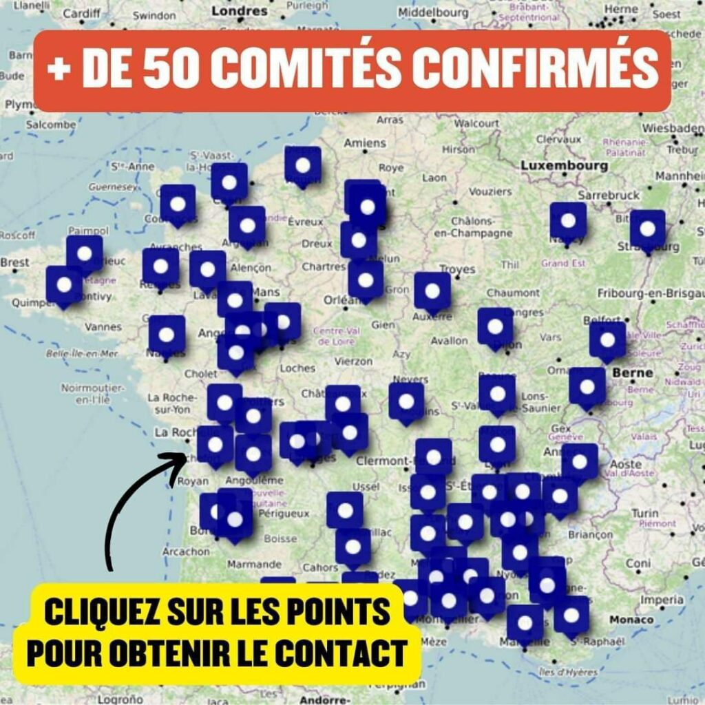 Carte de France avec plein de points bleus. Légende : "+ de 50 comités confirmés", "Cliquez sur les points pour obtenir le contact".