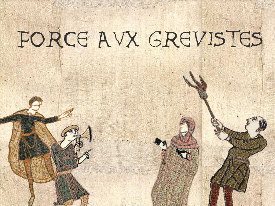 Visuel des Belles Tapisseries Autogérées reprenant le modèle d'une tapisserie du Moyen-Age. Légende : "Les Braves". Foule manifestante qui dit "Tout cramer etc.", "Macron explosion", "On est là"