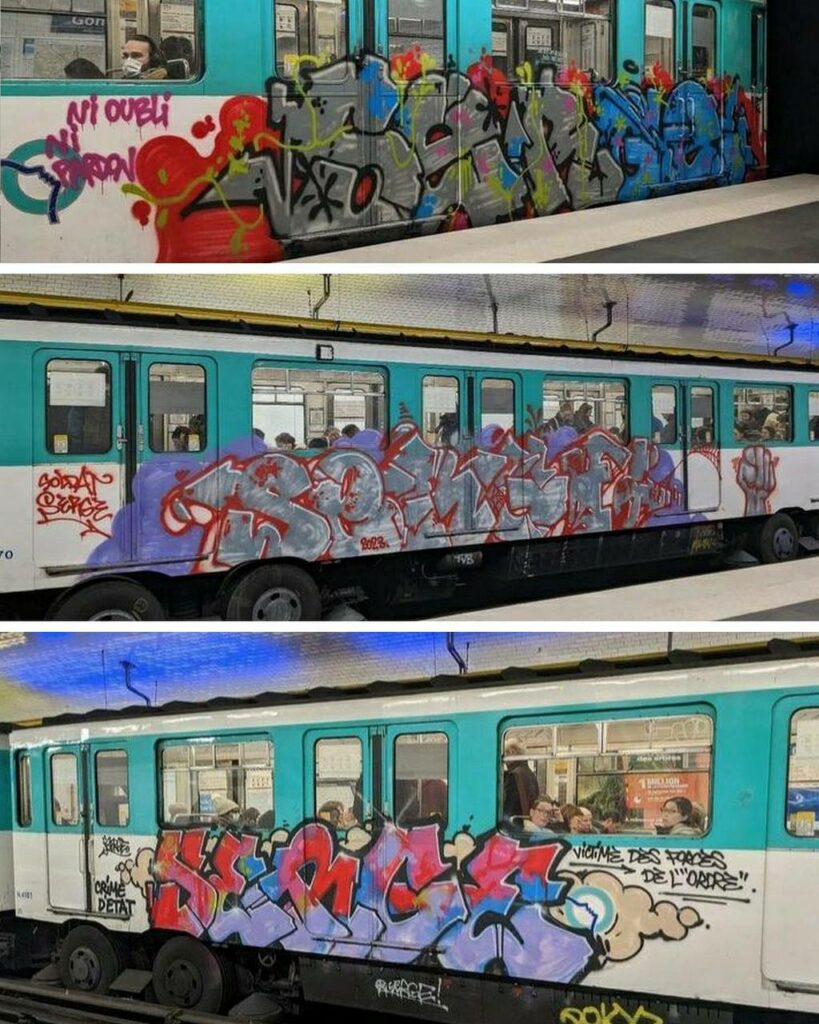 Photos de 3 rames de métro sur lesquelles ont été faits de graffiti composés du mot "Serge"
