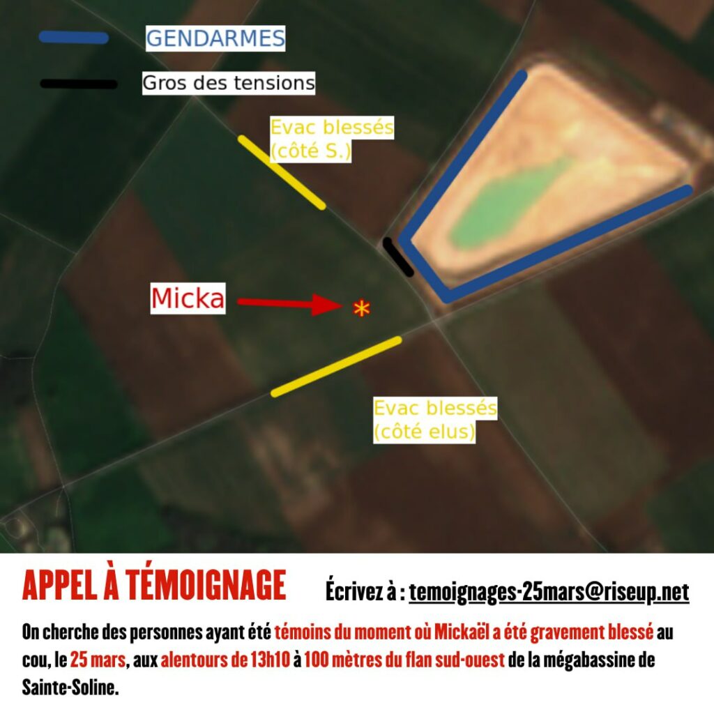 Plan vue du ciel des différentes zones lors de l'action du 25 mars 2023 (bassine avec gendarmes tout autour, secteur de grosses tensions, zones d'évacuation des blessés et lieu où se situait Mickael).