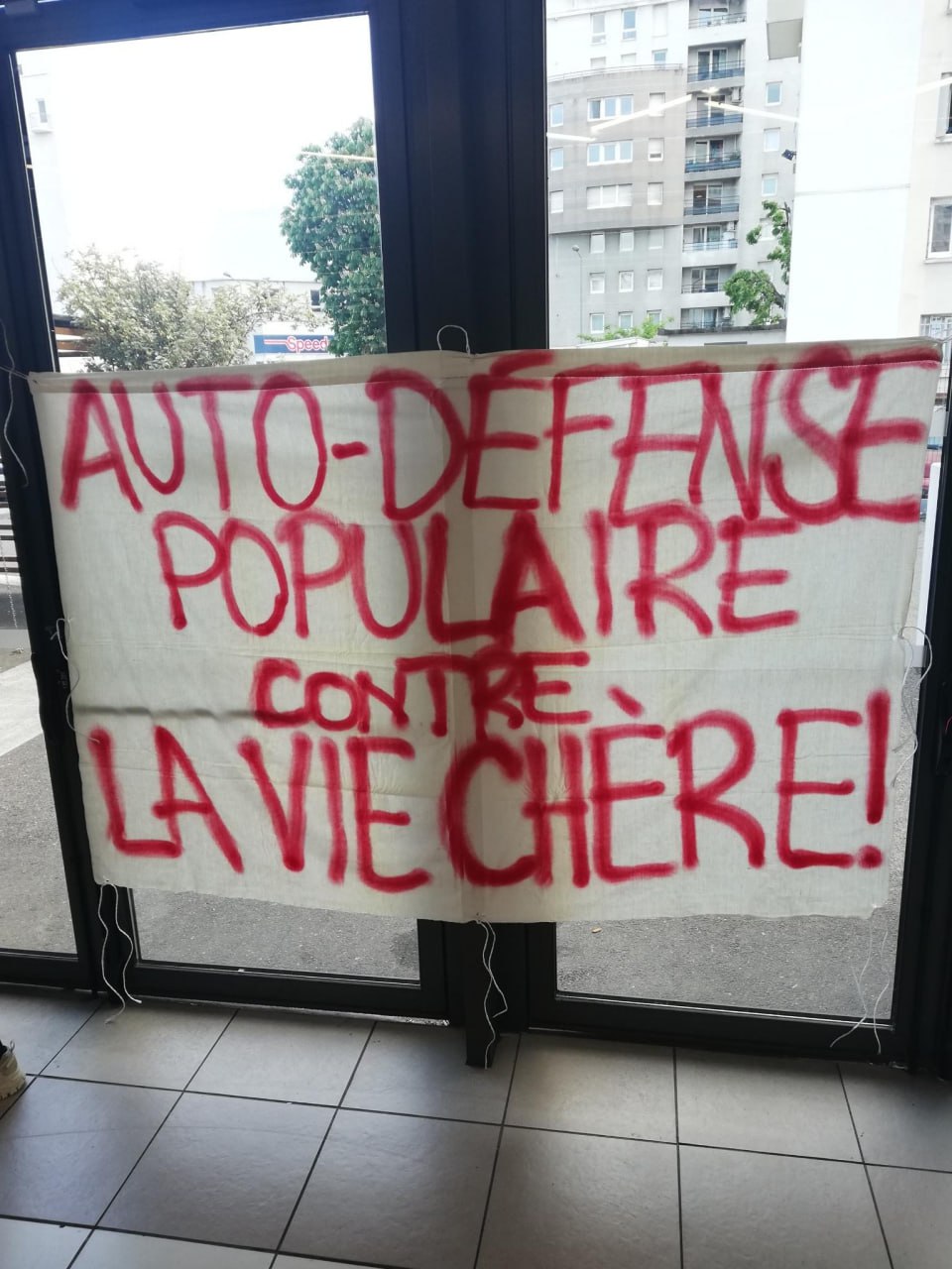 Banderole affichée sur une vitrine à l'intérieur du Carrefour Gratte-Ciel à Lyon : "Auto-défense populaire contre la vie chère !"