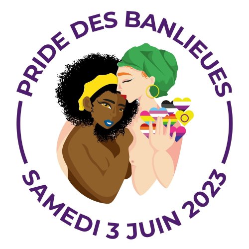 Visuel de la Pride des Banlieues. 
Cerlce avec légende "Pride des banlieues, samedi 3 juin 2023"
2 femmes, une noire une blanche, se prennent dans les bras. L'une d'elles tient dans sa main plein de coeurs de différentes couleurs. 