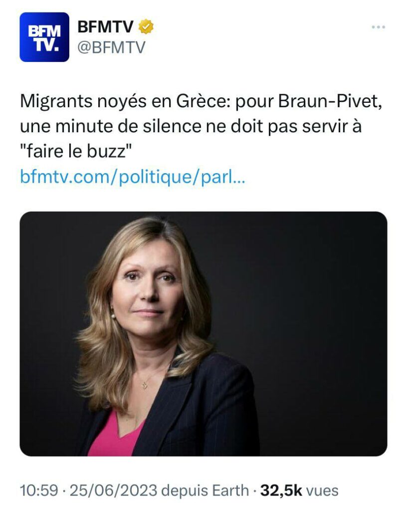 ALT : capture d’écran d’un tweet de BFMTV en date du 25/06/2023.
"Migrants noyés en Grèce : pour Braun-Pivet, une minute de silence ne doit pas servir à « faire le buzz »"