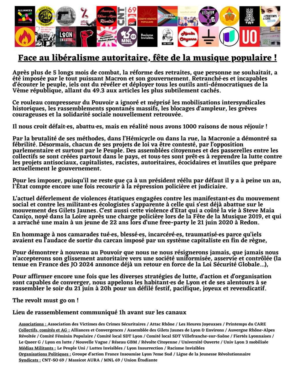 Communiqué inter-orge pour la Fête de la musique à Lyon. Cf article pour lire le contenu. 