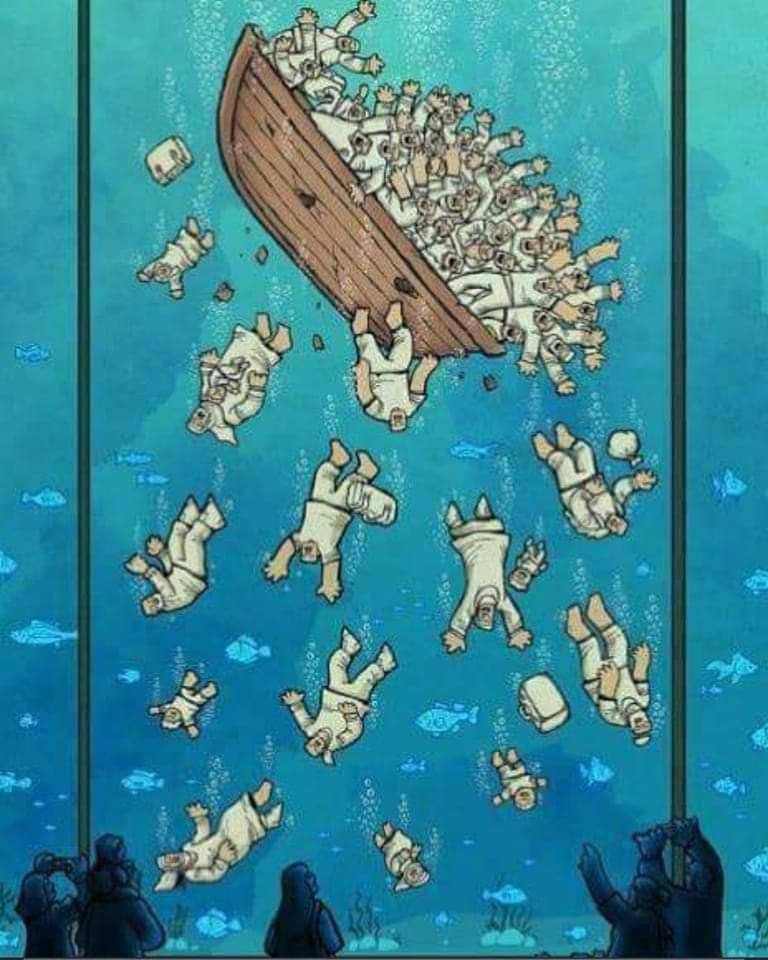 Dessin crédit inconnu.On voit des personnages devant la vitre d' un aquarium géant. Parmi les poissons se trouvent les corps d'hommes, de femmes, d'enfants tous habillés de blanc qui coulent, tombés d'un bateau qui a chaviré.