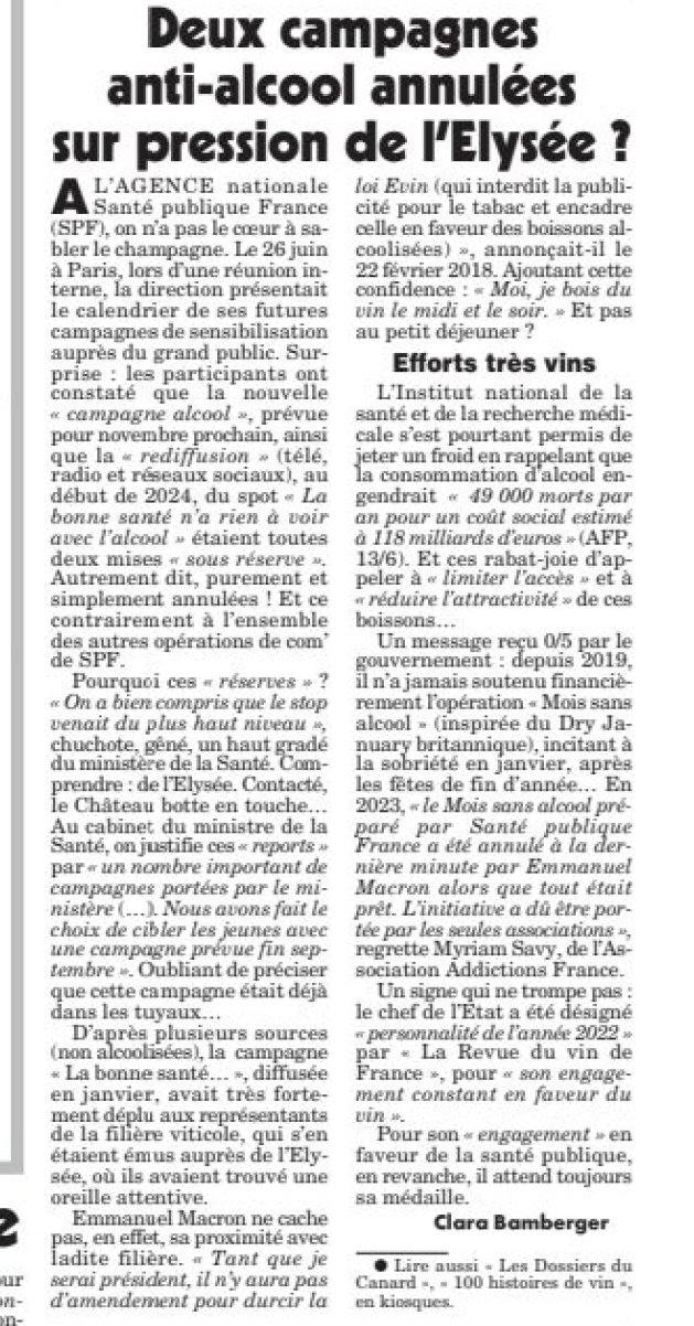 Article du Canard Enchaine : "Deux campagnes anti-alcool annulées sur pression de l'Elysée ?".