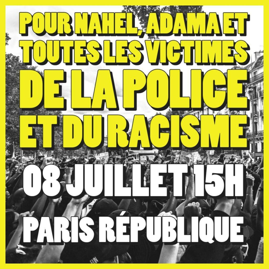 Visuel du Comité Adama. 
Pour Nahel, Adama et toutes les victimes de la police et du racisme 
8 juillet 15h République"