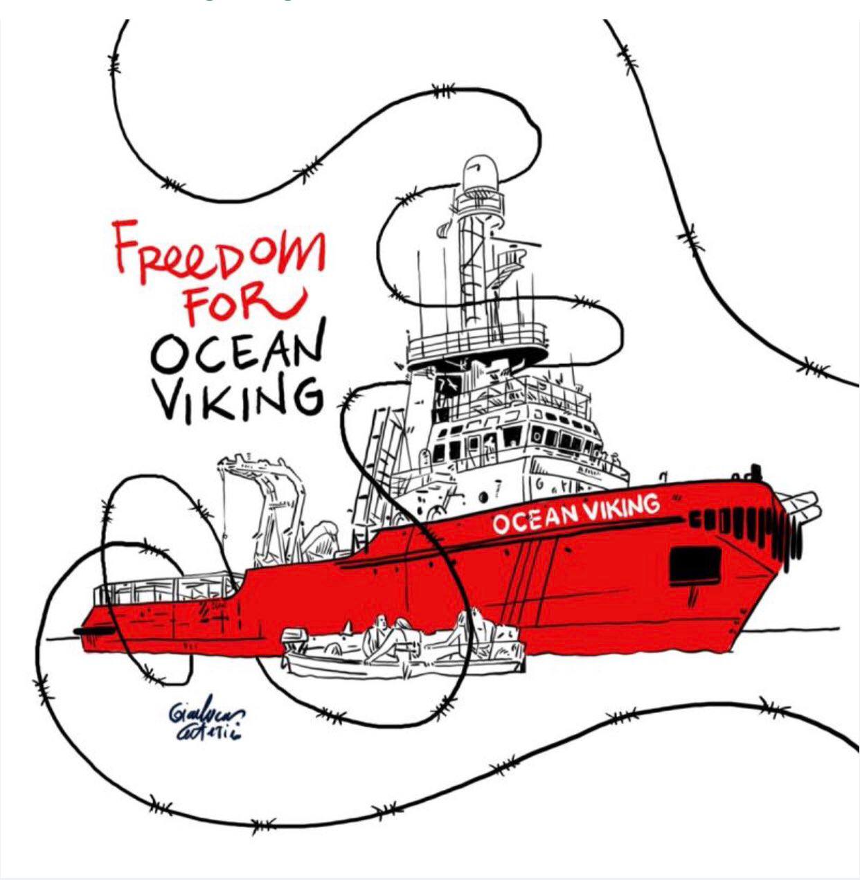 Dessin crédit inconnu. On voit l’Ocean Viking et un canot de sauvetage entourés de barbelés. Message : « Freedom for Ocean Viking » (liberté pour l’Ocean Viking ».