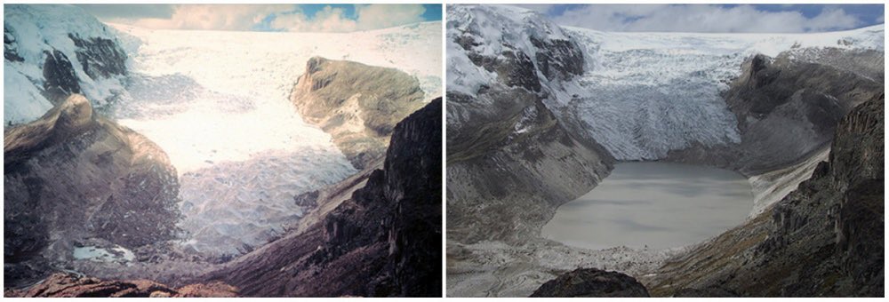 Crédit photo @Ojo_Publico
2 photos prises au même endroit en juillet 1978 et en juillet 2011 montre le recul net du glacier