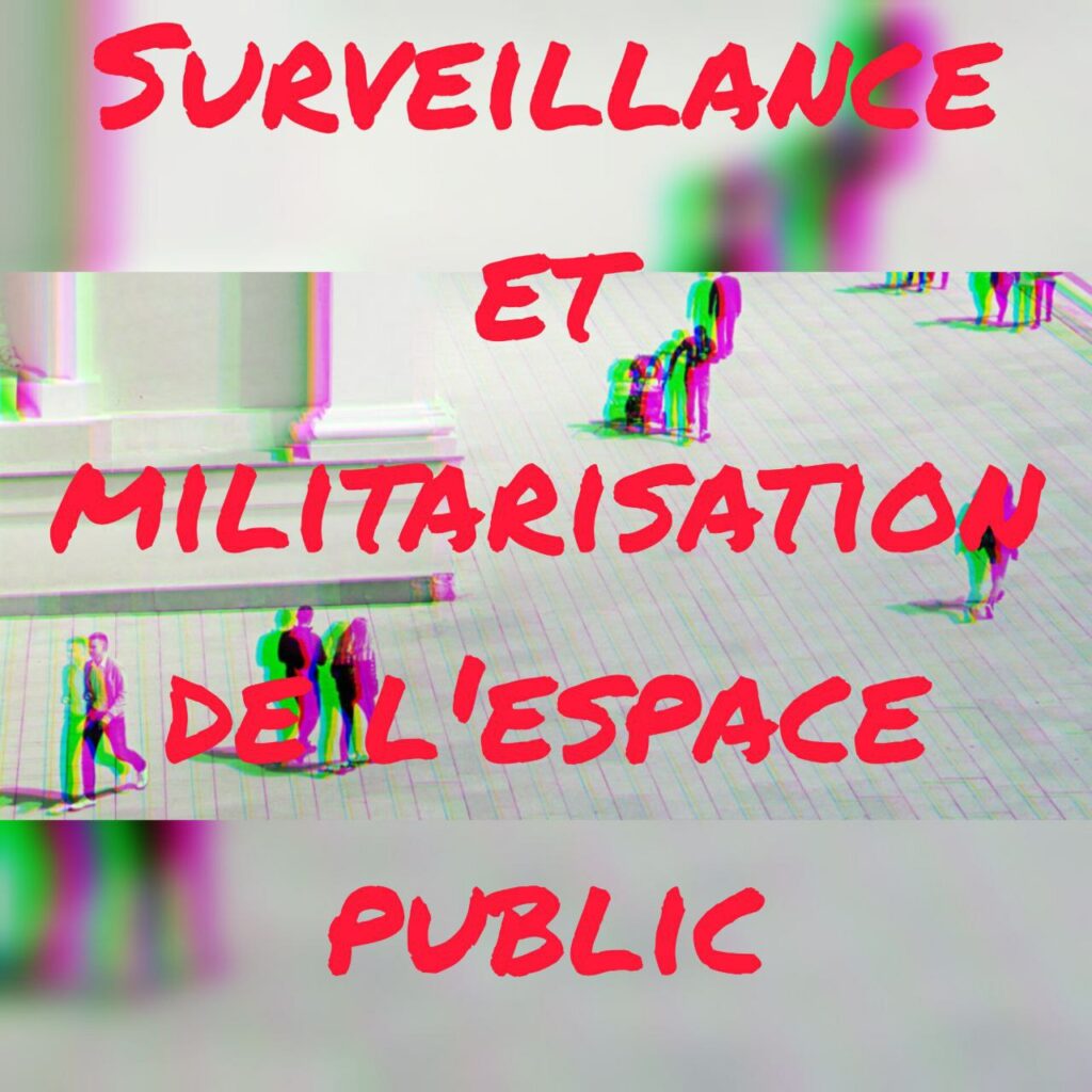 Images d'une place vue par une caméra. Titre : "Surveillance et militarisation de l'espace public".