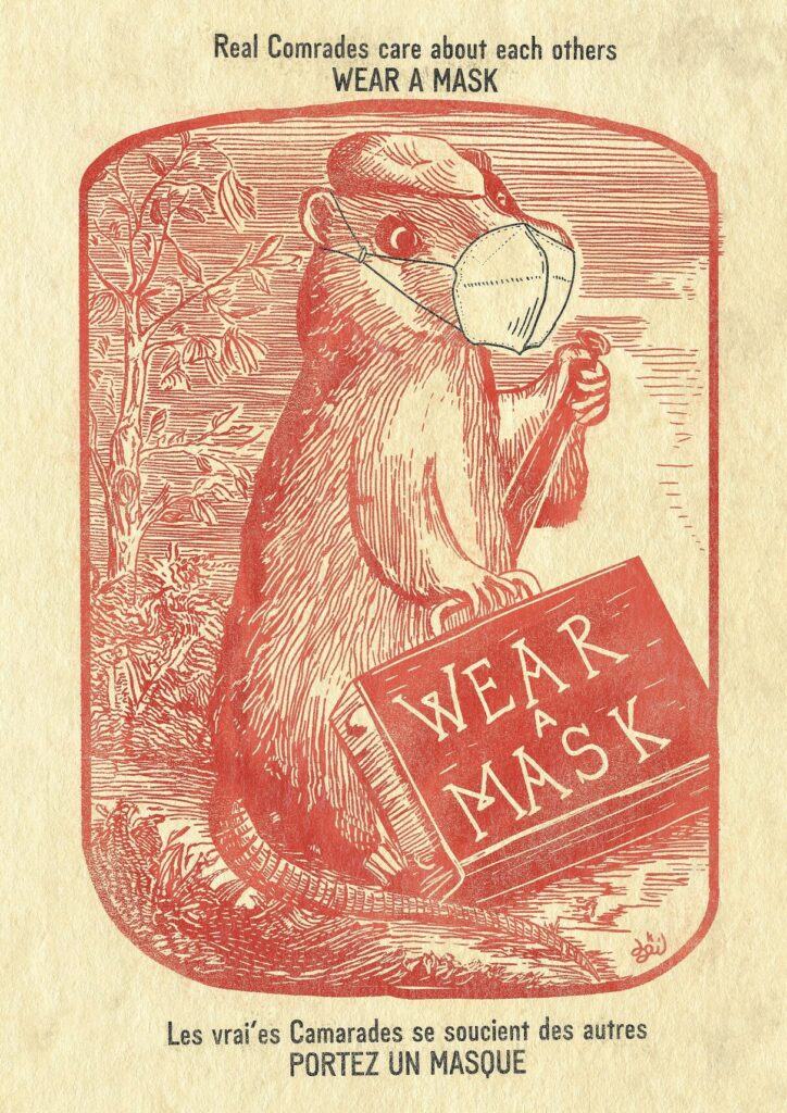 Illustration  de Loki Gwinbleidd.
On voit un castor qui porte un FFP2 et une mallette sur laquelle il est noté "Wear a mask" (portez un masque). Légende : "Les vrai·es camarades se soucient des autres. PORTEZ UN MASQUE".
