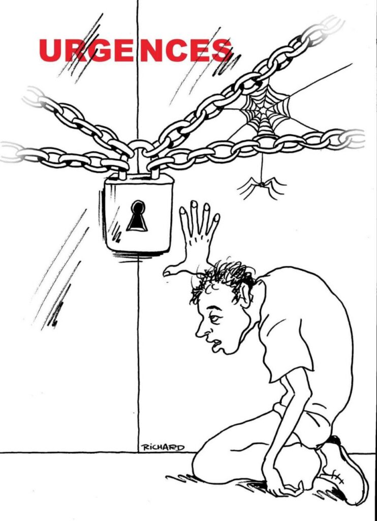 Dessin de Nagy. Un homme est agenouillé par terre, l'air épuisé, sa main est posée sur la porte des Urgences qui se trouve fermée avec des chaînes et un cadenas. 