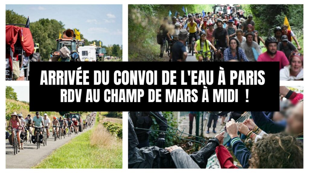 Visuel Bassines Non Merci composé de 3 photos de cyclistes du Convoi de l'Eau.  Texte : "Arrivée du Convoi de l'Eau à Paris : RDV au Champ-de-Mars à midi".