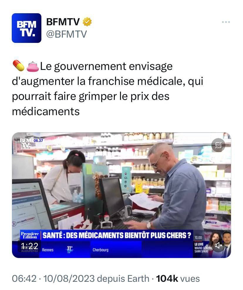 Copie d'écran ou l'on peut lire "Le gouvernement envisage d'augmenter la franchise médicale, qui pourrait faire grimper le prix des médicaments "