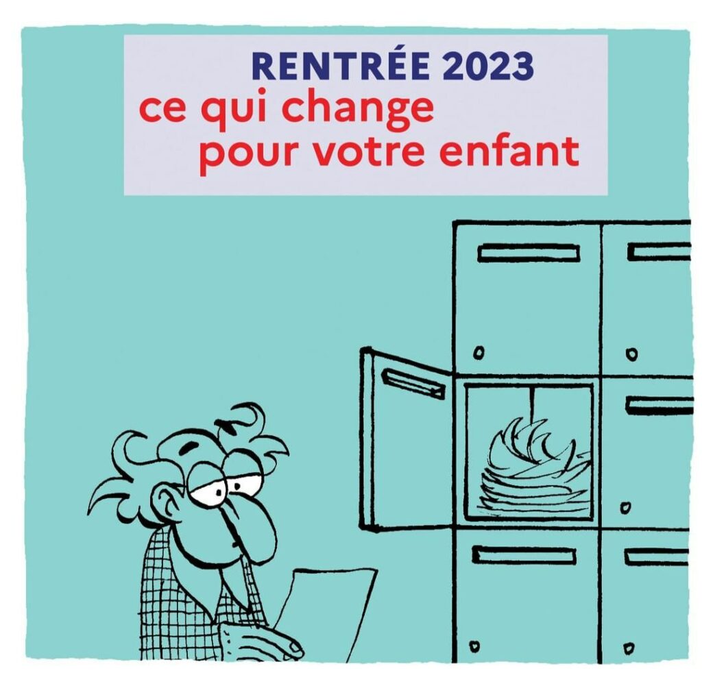 Dessin de Fabrice Erre (2/6). 
L'homme a ouvert le casier et lit le flyer. "Rentrée 2023, ce qui change pour votre enfant".