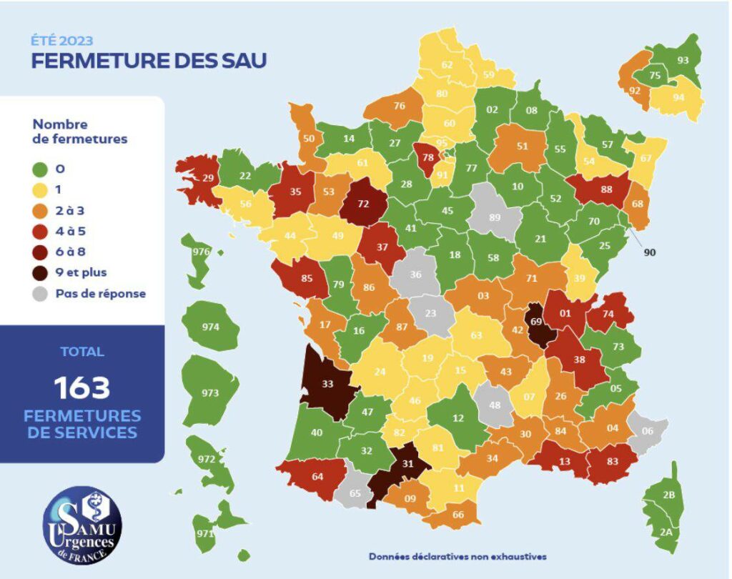 Visuel de Samu-Urgences de France montrant sur une carte de France les différentes fermetures de Services d'Accueil des Urgences (SAU), avec un code couleur de 0 à 9. "Total : 163 fermetures de services". 