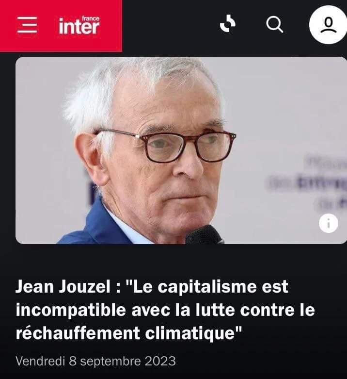 Capture d’écran d’un article de France Inter : « Jean Jouzel : « Le capitalisme est incompatible avec la lutte contre le réchauffement climatique. ». »