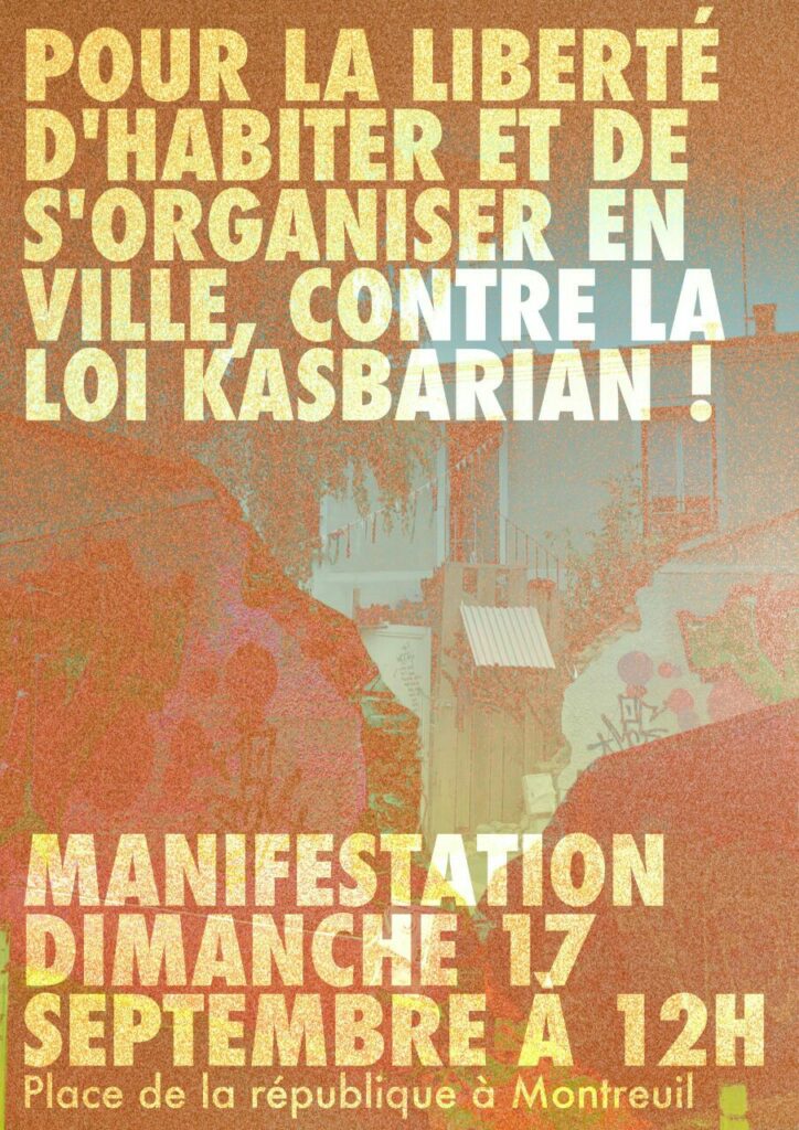 Visuel sur lequel il est écrit "Pour la liberté d'habiter et de s'organiser en ville, contre la Loi Kasbarian ! Manifestation dimanche 17 septembre à 12h Place de la république à Montreuil.