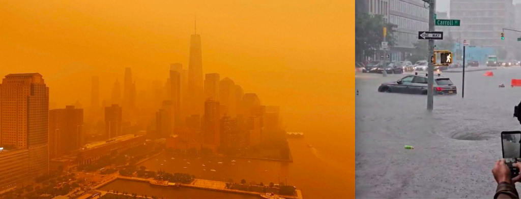2 photos en couleur.
Celle de gauche, prise à l'été 2023, montre la ville de New-York sous un ciel rougeoyant et pollué (provoqué par la fumée des incendies au Canada), ce qui donne à  la ville un air apocalyptique.
Celle de droite, prise le 29 septembre 2023, montre une rue de New-York inondée, l'eau montant presqu'au niveau du haut des roues des voitures.