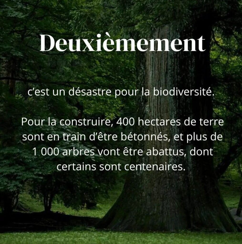 
ALT 2 : "Deuxièmement c'est un désastre pour la biodiversité.
Pour la construire, 400 hectares de terre sont en train d'être bétonnés, et plus de 1 000 arbres vont être abattus, dont certains sont centenaires."