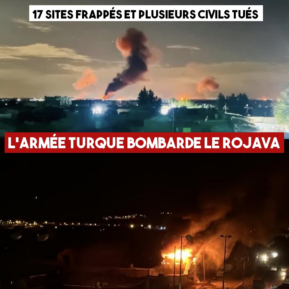 Visuel de Contre-Attaque composé de 2 photos du bombardement. Légende : "17 sites frappés et plusieurs civils tués", "L'armée turque bombarde le Rojava".