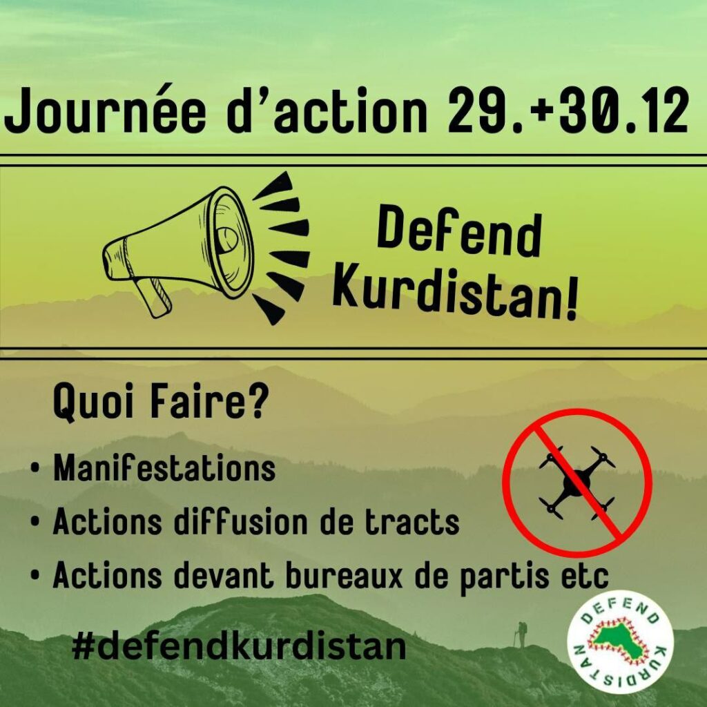 Visuel de Defend Kurdistan Paysage montagnard dans un dégradé des verts. Dessin d'un mégaphone à côté duquel est écrit : Defend Kurdistan Journée d'action 29 + 30/12 Que faire ? - manifestations - actions diffusion de tracts - actions devant bureaux de partis, etc. #defendkurdistan