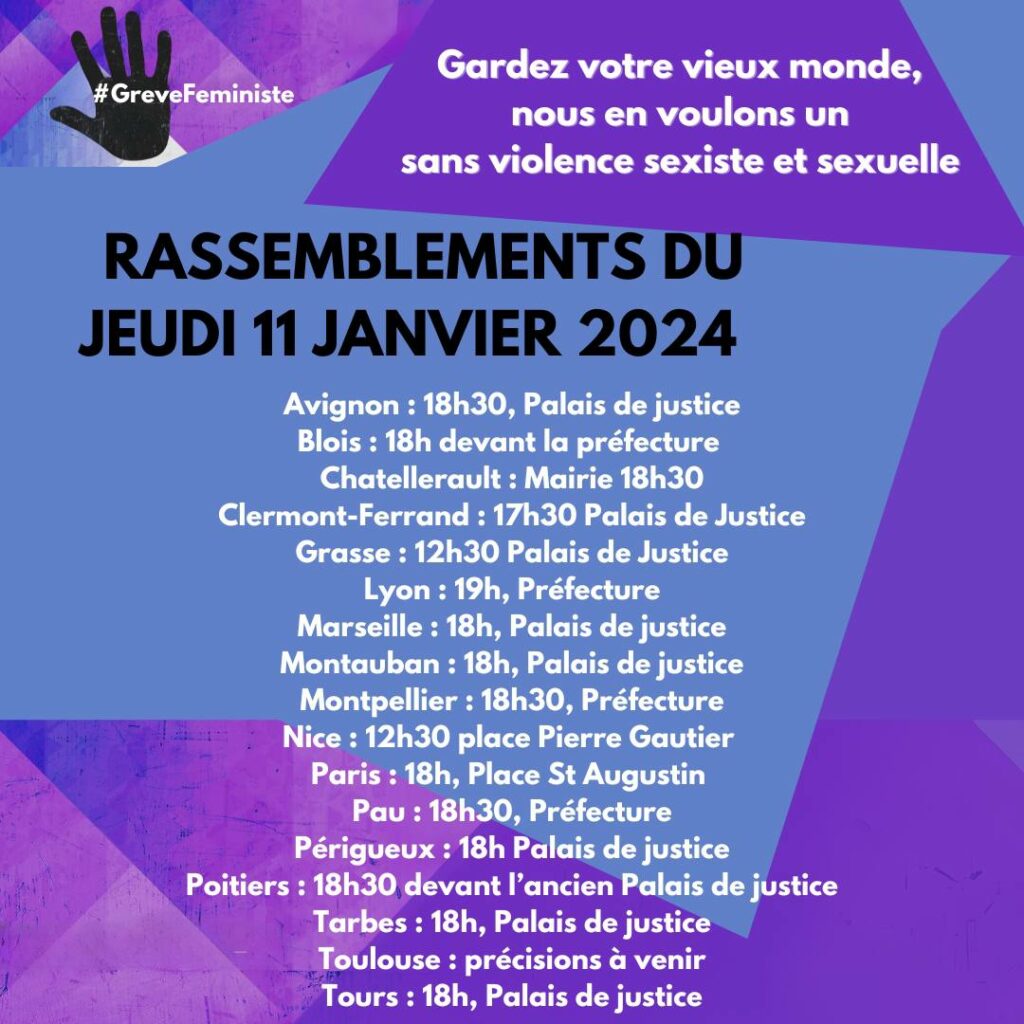 Visuel de Grève Féministe indiquant les différents lieux de rassemblement en France. Vous pouvez accéder à cette liste en suivant le lien vers l'appel, à la fin de ce message.
