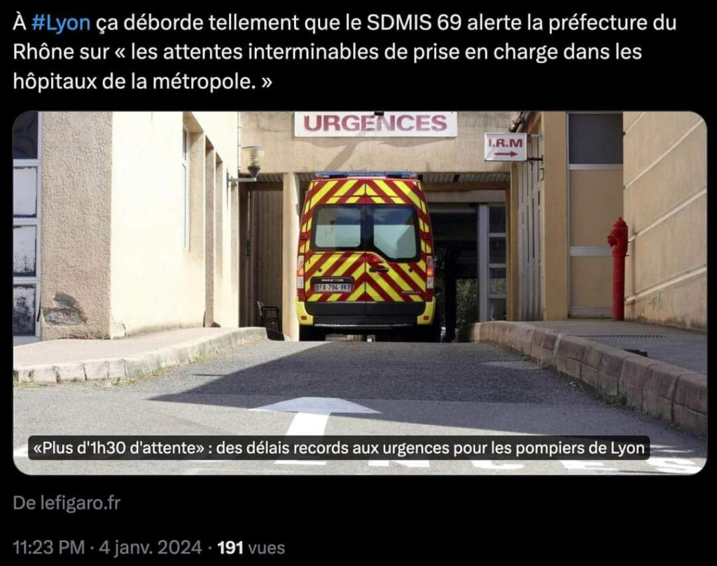 Tweet du 4 janvier 2024 : "A Lyon ça déborde tellement que le SDMIS 69 alerte la préfecture du Rhône sur "les attentes interminables de prise en charge dans les hôpitaux de la métropole'.