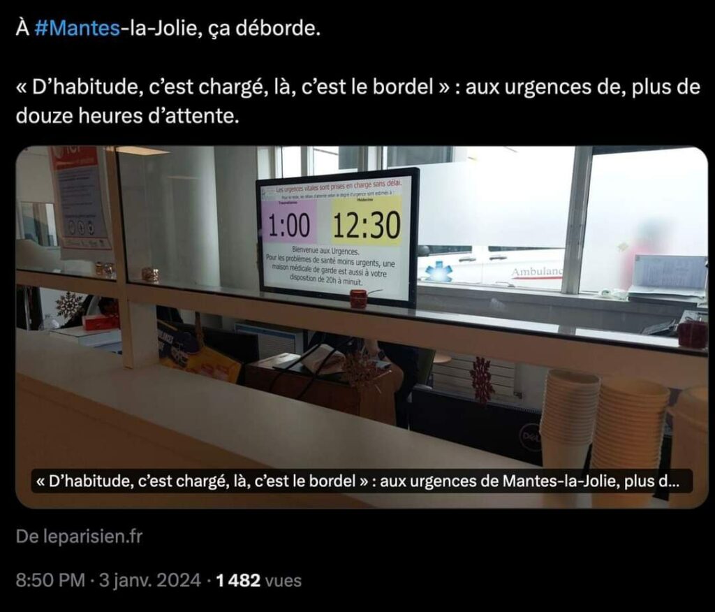 Tweet "A Mantes-la-Jolie ça déborde. "D'habitude c'est chargé, là c'est le bordel : aux urgences plus de 12 heures d'attente".