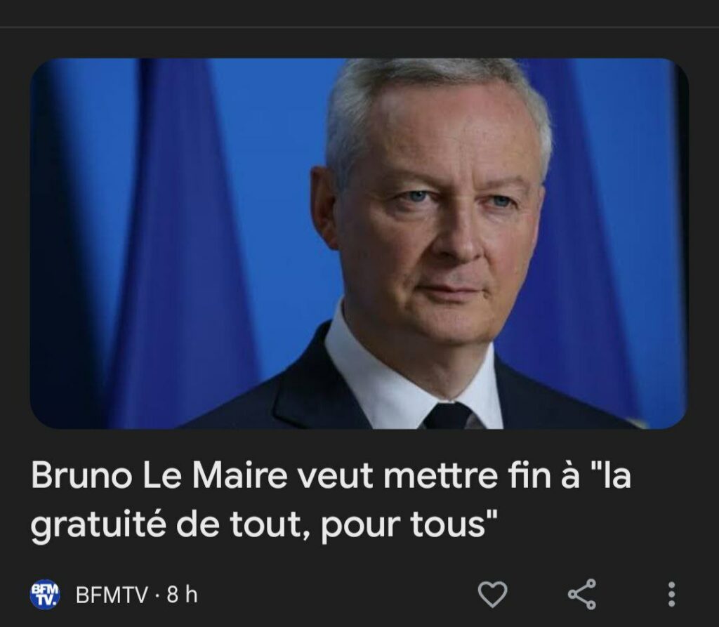 Capture d'écran d'un titre de BFMTV "Bruno Le Maire veut mettre fin à "la gratuité de tout pour tous".