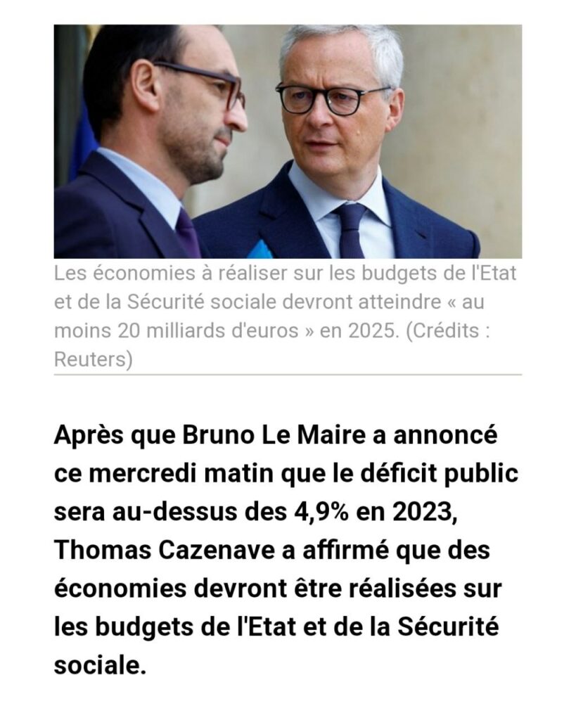 copie écran  : Apres que Bruno Le Maire a annoncé ce mercredi matin que le deficit public sera au-dessus des 4.9 % en 2023, Thomas Cazenave a affirmé que des économies devront être réalisées sur les budget de l'Etat et de la Sécurité sociale