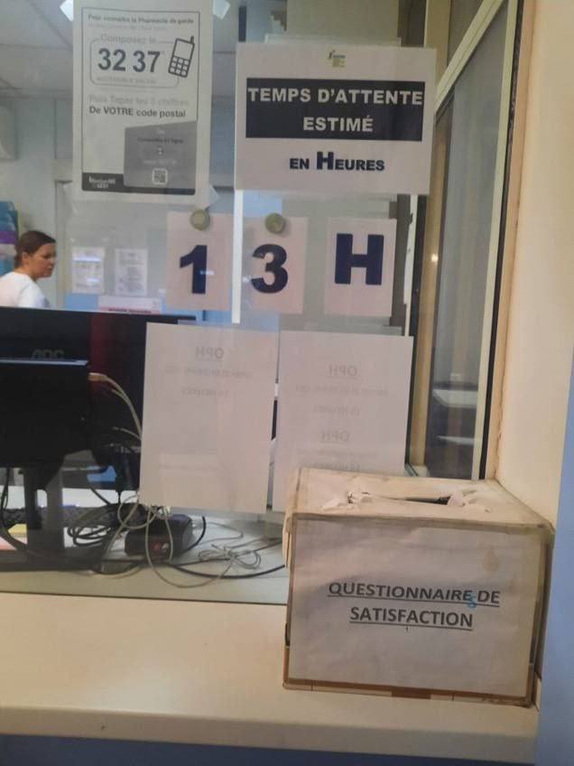 Photo d'un accueil dans un service d'urgences. Sur la vitre, plusieurs affichages dont un qui indique : "Temps d'attente : 13h."
Juste en-dessous, une boîte en carton servant d'urne avec une affiche : "Questionnaire de satisfaction".
