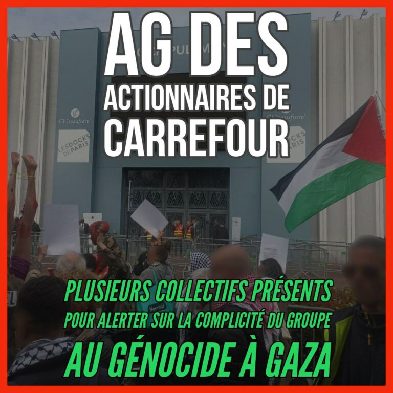 Ce vendredi, plusieurs collectifs se sont rassemblés devant l’AG des actionnaires de Carrefour, à Saint Denis