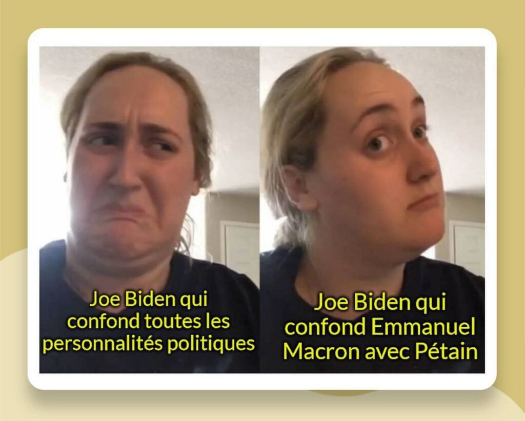 Même deux photos d'une femme qui 
-fait une moue écœurée en entendant "Joe Biden qui confond toutes les personnalités politiques"
- montre son intérêt quand elle entend " Joe Biden qui confond Emmanuel Macron avec Pétain"