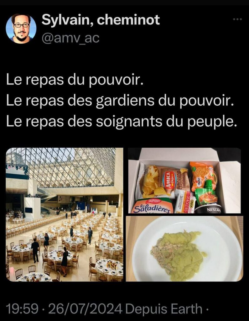 Tweet de Sylvain, cheminot
Montage de trois photos montrant
Les repas du pouvoir : on voit les tables dressées sous la pyramide du Louvre
Les repas des gardiens du pouvoir : on voit une boîte contenant un repas composé de produits industriels
Le repas des soignants du peuple : on voit une assiette dans laquelle il y a une sorte de purée avec des miettes de poisson