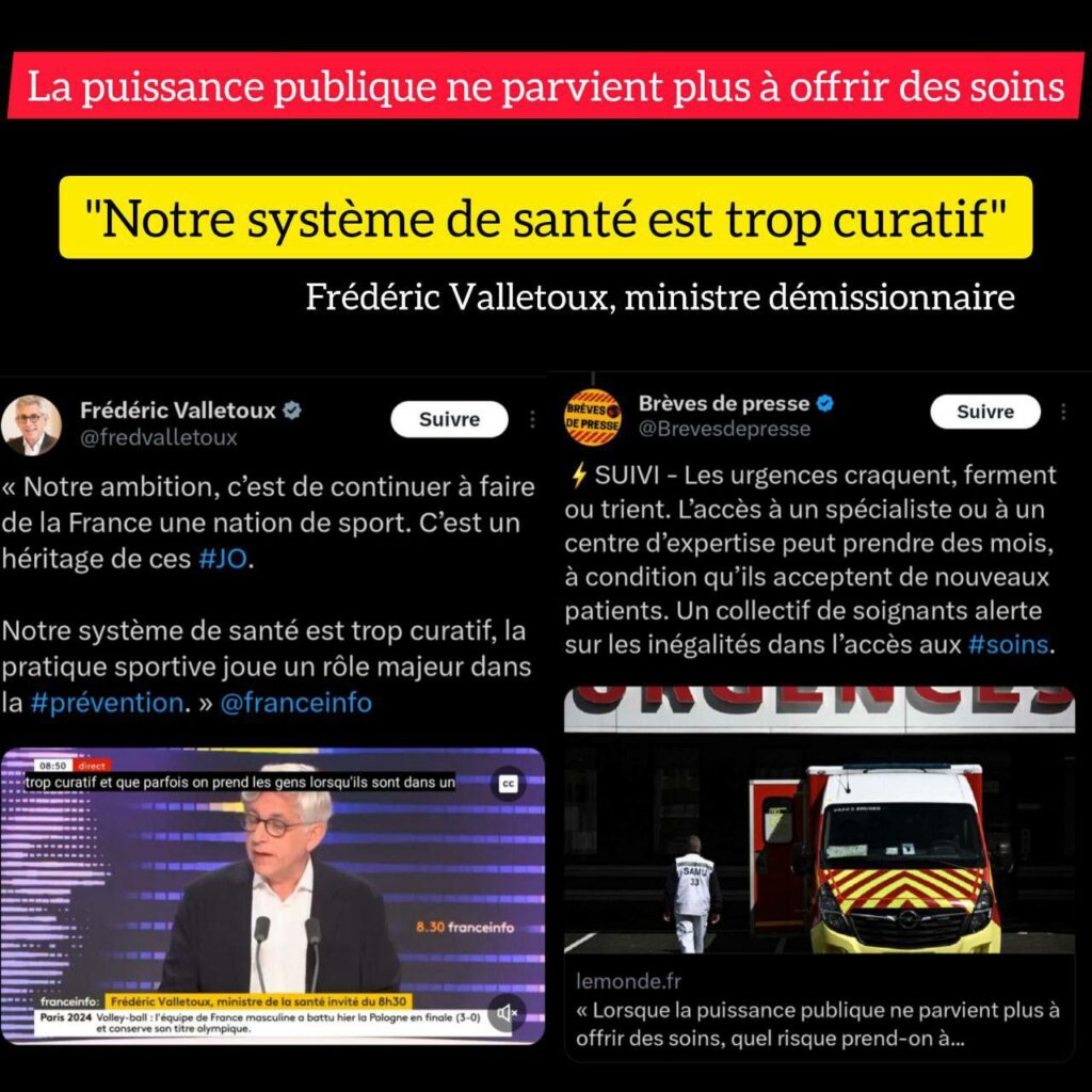 Titre : « Notre système de santé est trop curatif, Frédéric Valletoux, ministre démissionnaire. »
Montage avec 2 captures d’écran de tweets. 
Premier tweet de Frédéric Valletoux en date du 11/08/2024 : « Notre ambition, c’est de continuer à faire de la France une nation de sport. C’est un héritage de ces JO. Notre système de santé est trop curatif, la pratique sportive joue un rôle majeur dans la prévention. » 
À côté capture d’écran d’un tweet de Brèves de presse daté du 12/08/2024 : « SUIVI - Les urgences craquent, ferment ou trient. L’accès à un spécialiste ou à un centre d’expertise peut prendre des mois, à condition qu’ils acceptent de nouveaux patients. Un collectif de soignants alerte sur les inégalités dans l’accès aux soins. ».