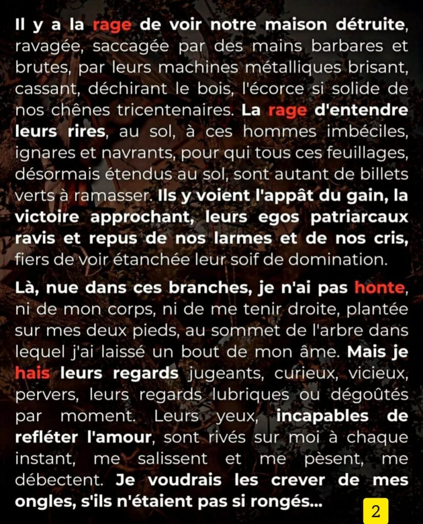 Alr 2
Il y a la rage de voir notre maison détruite ravagée, saccagée par des mains barbares et brutes, par leurs machines métalliques brisant, cassant, déchirant le bois, l'écorce si solide de nos chênes tricentenaires. La rage d'entendre leurs rires, au sol, à ces hommes imbéciles ignares et navrants, pour qui tous ces feuillages désormais étendus au sol, sont autant de billets verts à ramasser. Ils y voient l'appât du gain, la victoire approchant, leurs egos patriarcaux ravis et repus de nos larmes et de nos cris, fiers de voir étanchée leur soif de domination. Là, nue dans ces branches, je n'ai pas honte ni de mon corps, ni de me tenir droite, plantée sur mes deux pieds, au sommet de l'arbre dans lequel j'ai laissé un bout de mon âme. Mais je hais leurs regards jugeants, curieux, vicieux pervers, leurs. regards lubriques ou "dégoûtés par moment. Leurs yeux, incapables de refléter l'amour, sont rivés sur moi à chaque instant, me salissent et me pèsent, me débectent. Je voudrais les crever de mes ongles, s'ils n'étaient pas si rongés...