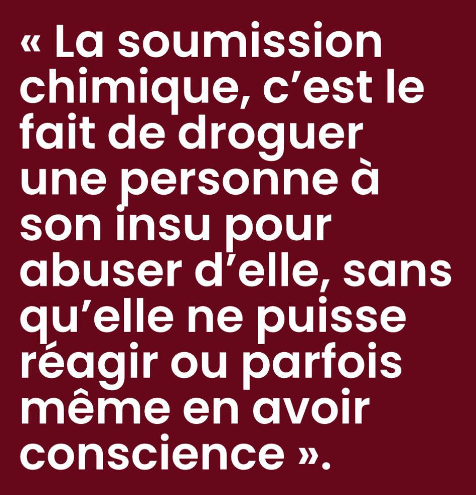 Visuel extrait du site M’endors pas. Texte : « La soumission chimique, c’est le fait de droguer une personne à son insu pour abuser d’elle sans qu’elle ne puisse réagir ou parfois même en avoir conscience. »